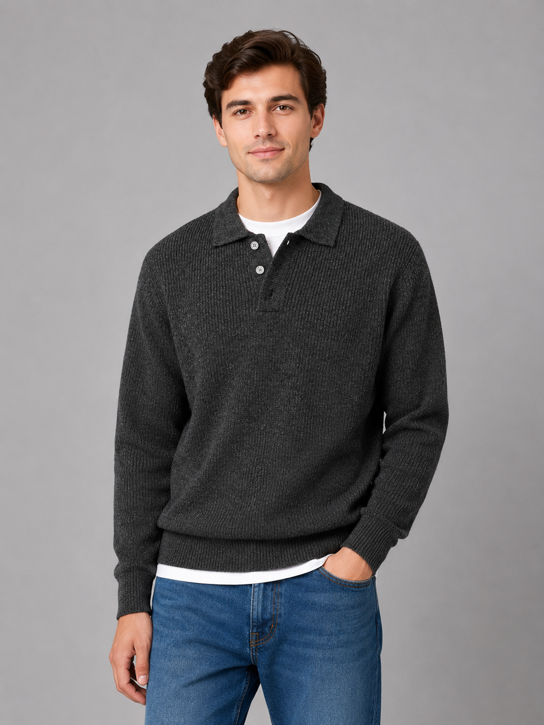 Pull Polo Homme Boutonné Léger à Col