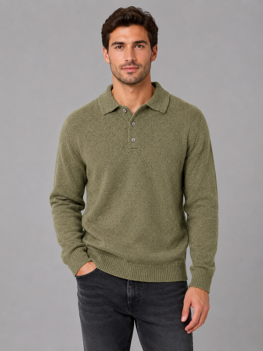 Pull Polo Homme Boutonné Manches Longues