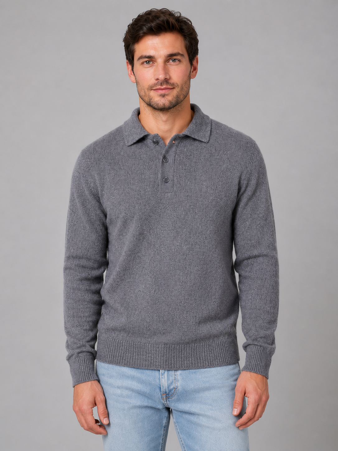 Pull Polo Homme Boutonné Manches Longues