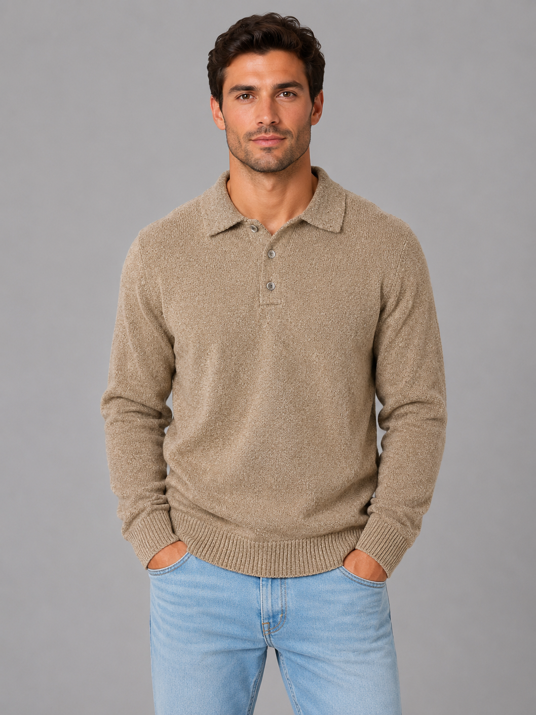Pull Polo Homme Boutonné Manches Longues