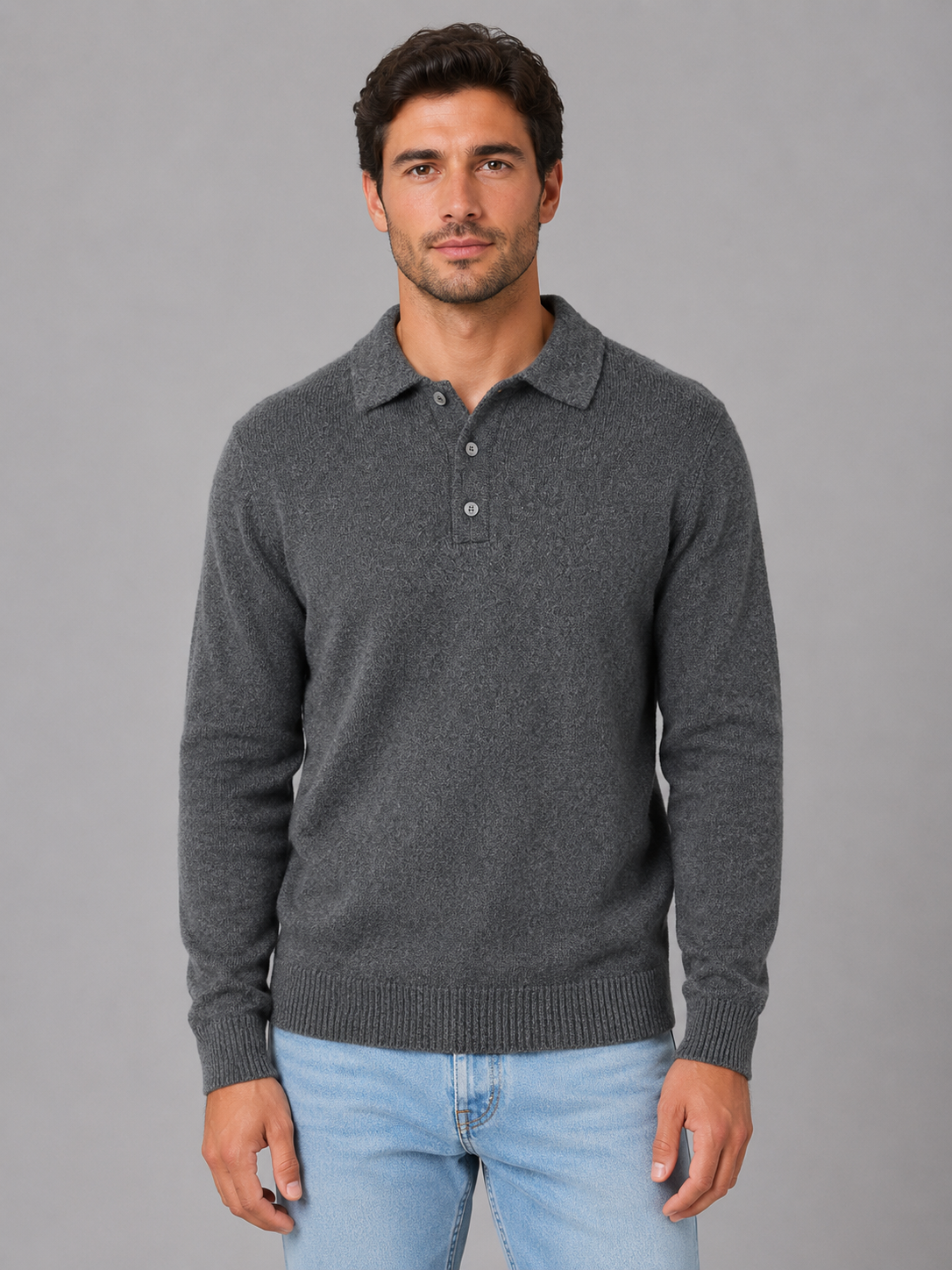 Pull Polo Homme Boutonné Manches Longues
