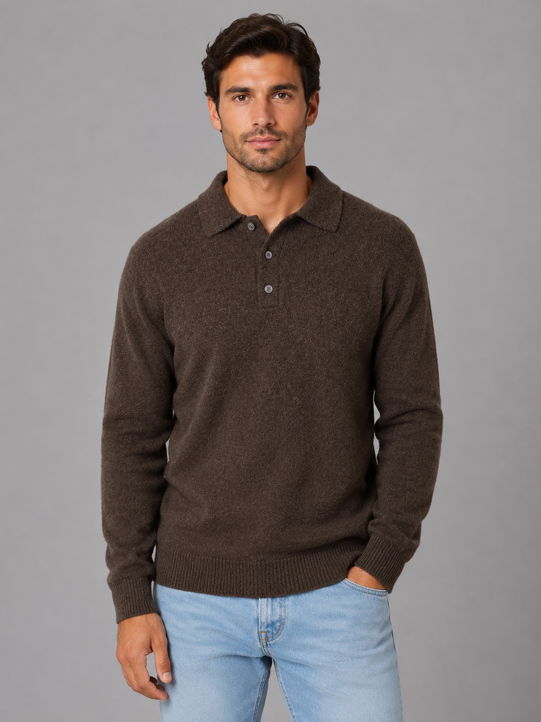 Pull Polo Homme Boutonné Manches Longues