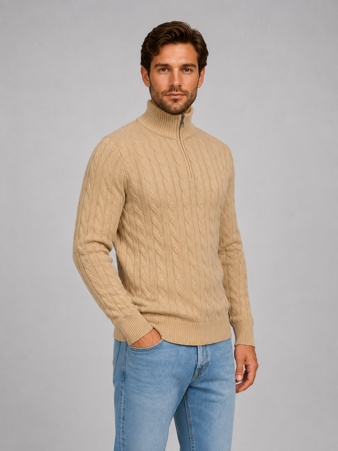 Pull Homme Torsadé Zippé Col Montant