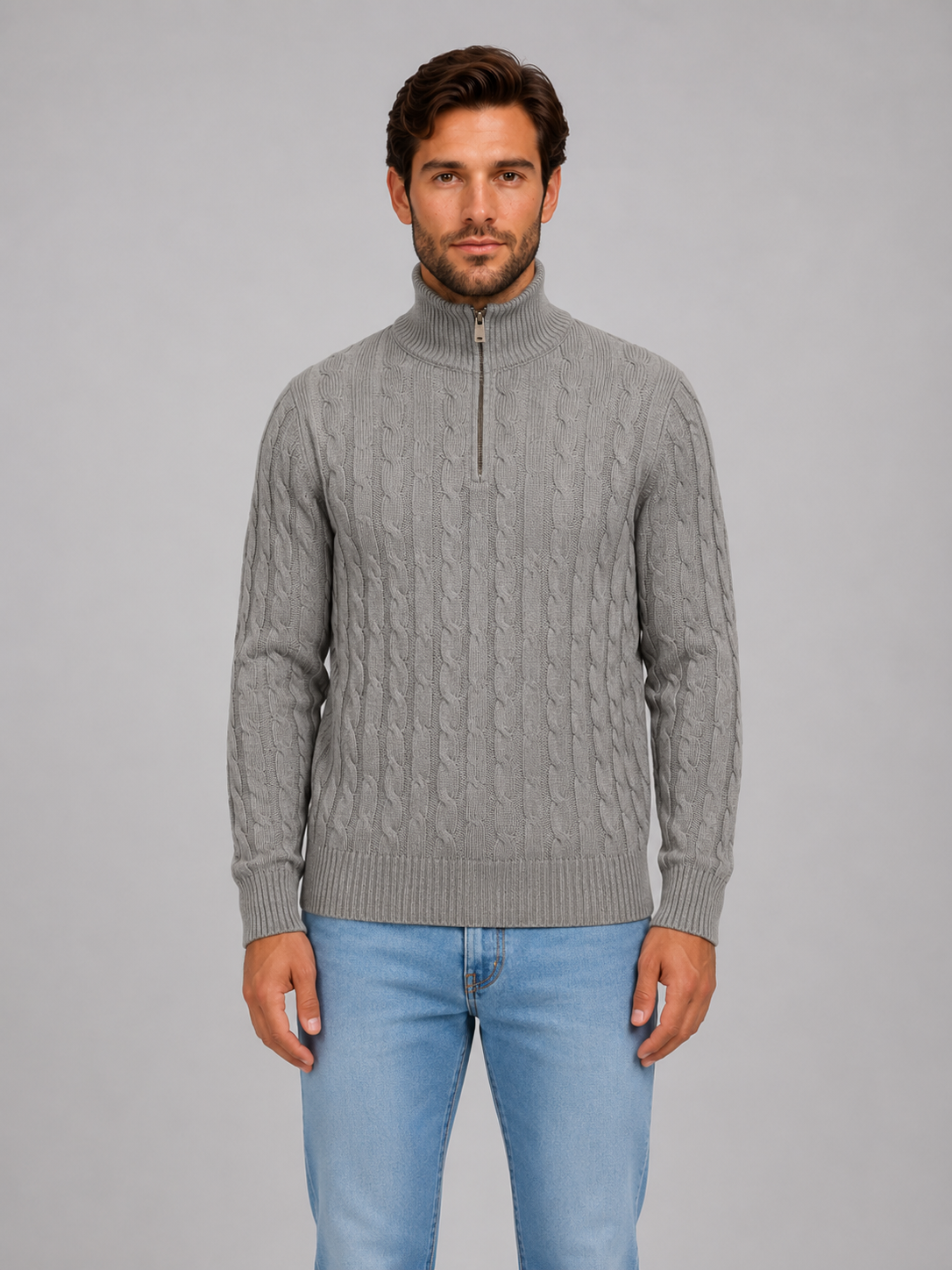 Pull Homme Torsadé Zippé Col Montant