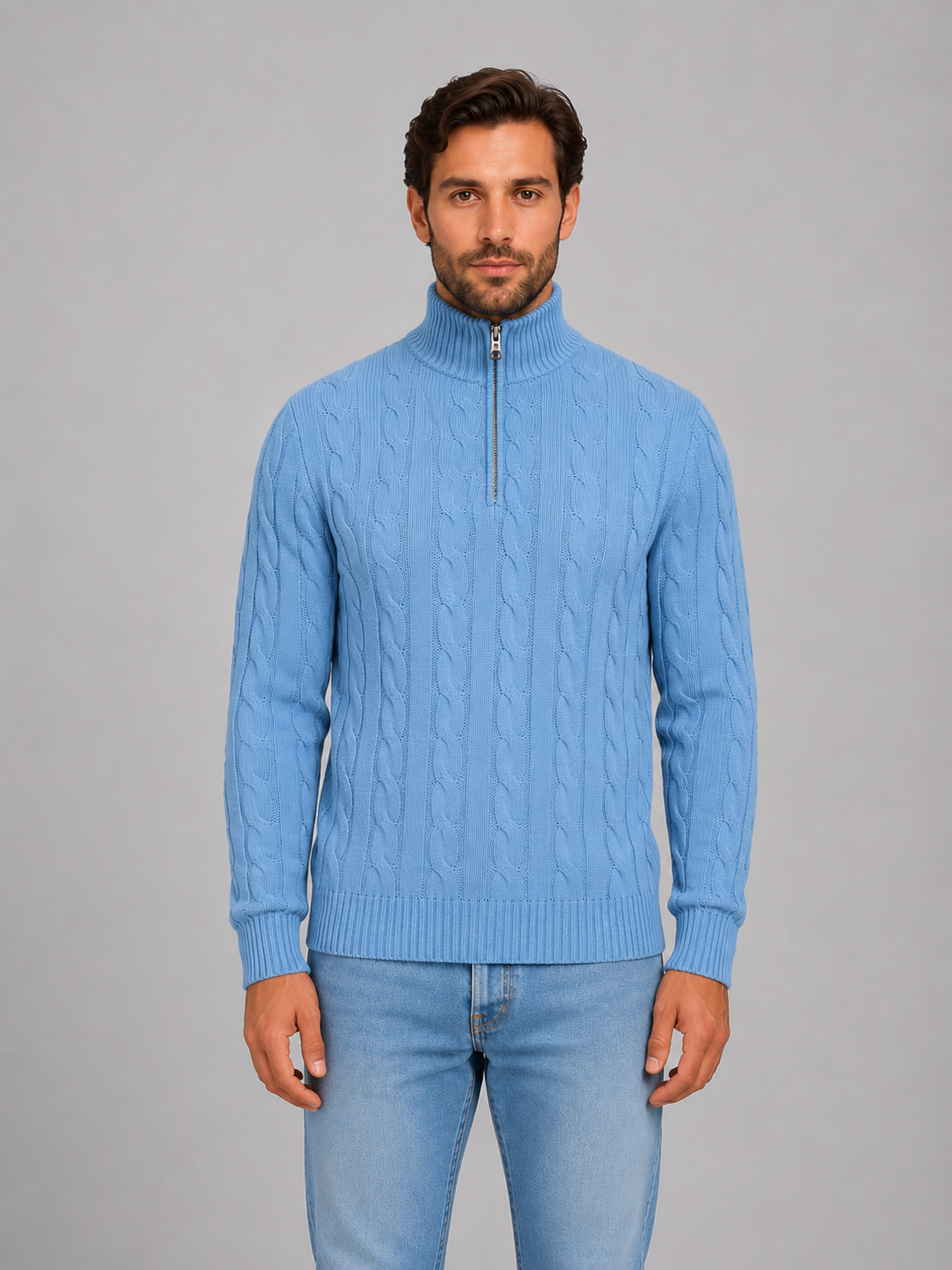 Pull Homme Torsadé Zippé Col Montant
