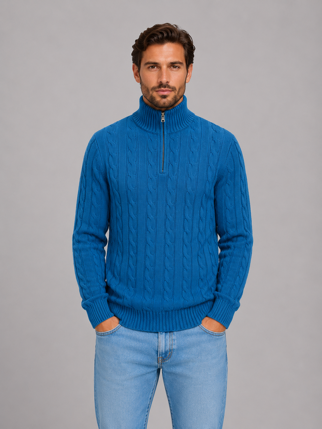 Pull Homme Torsadé Zippé Col Montant