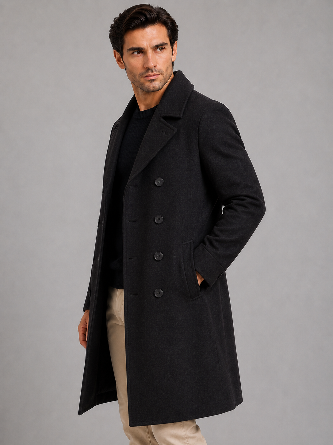 Manteau Homme Long Croisé Ajusté d'Hiver