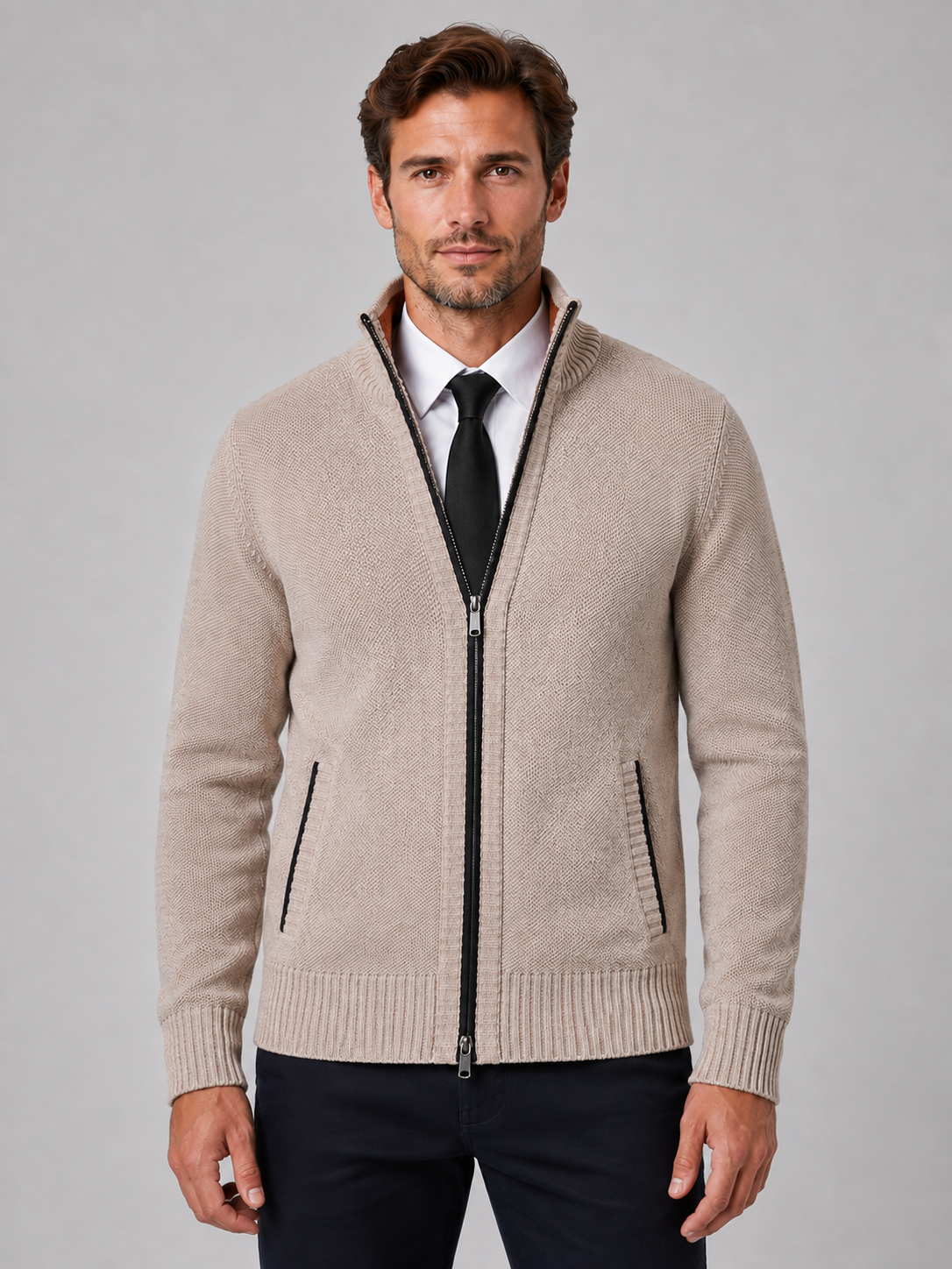 Cardigan Homme Zippé en Maille Texturée Col Montant