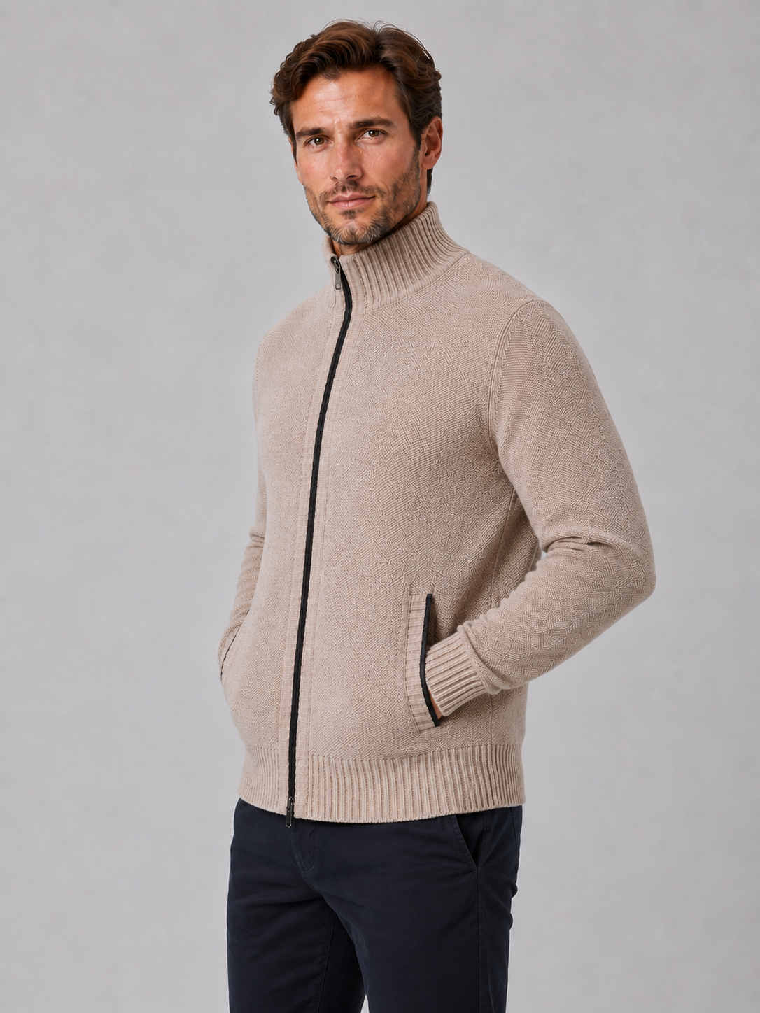 Cardigan Homme Zippé en Maille Texturée Col Montant