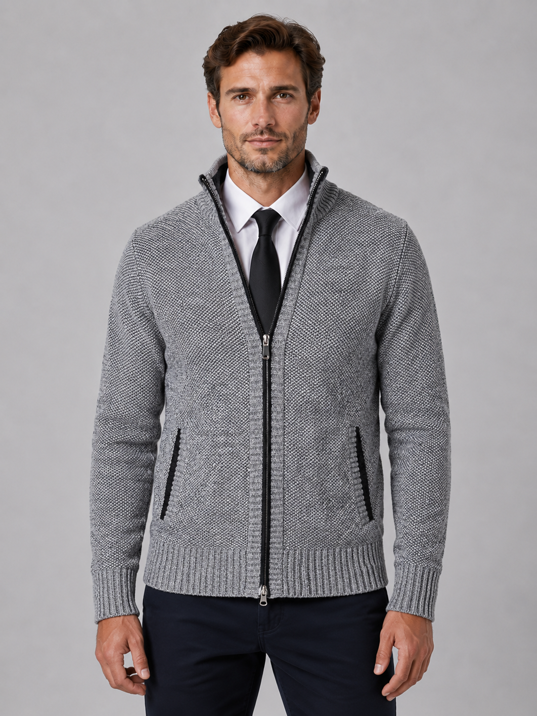 Cardigan Homme Zippé en Maille Texturée Col Montant