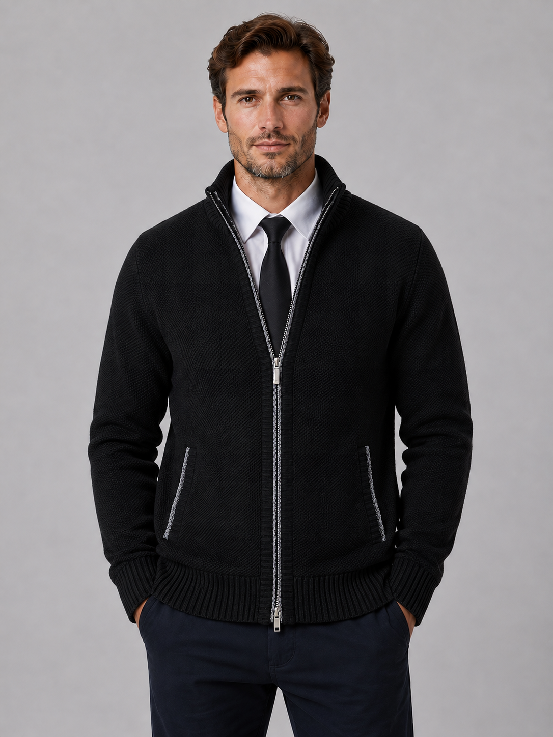 Cardigan Homme Zippé en Maille Texturée Col Montant