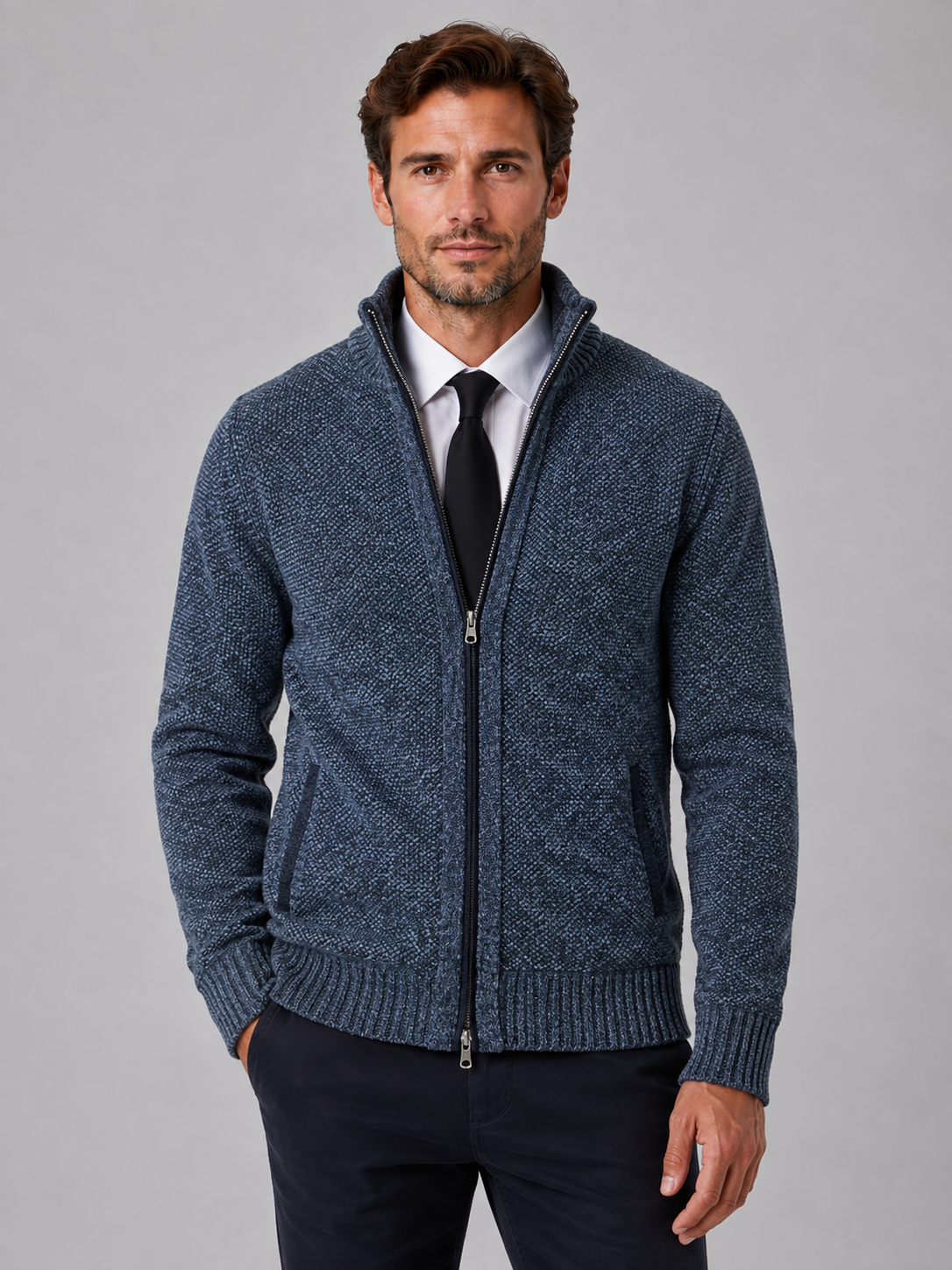 Cardigan Homme Zippé en Maille Texturée Col Montant