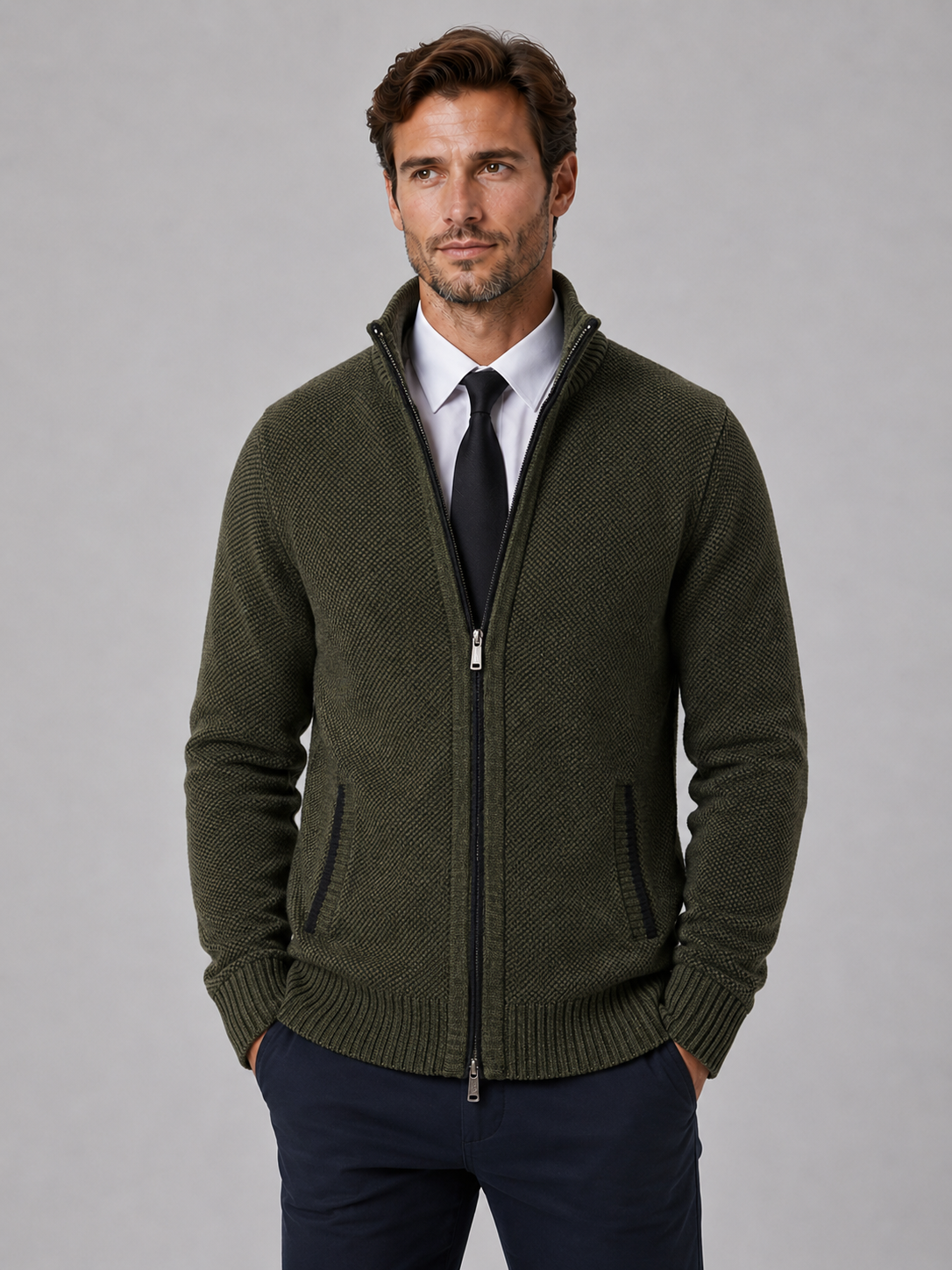Cardigan Homme Zippé en Maille Texturée Col Montant
