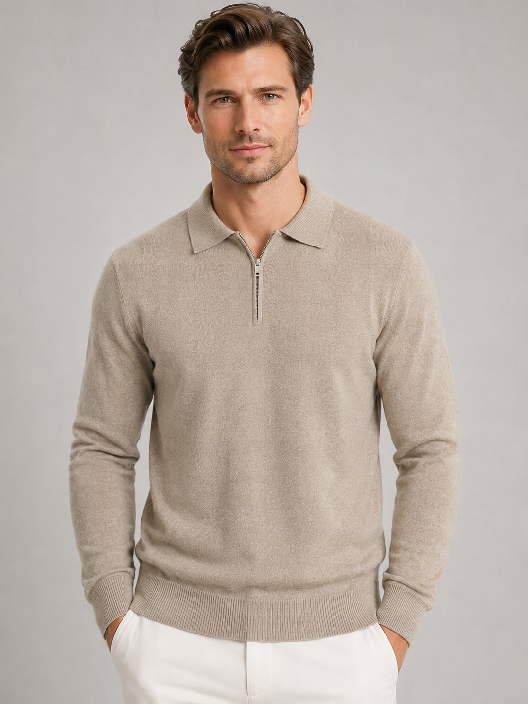 Pull Polo Homme Zippé Maille Fine Manches Longues