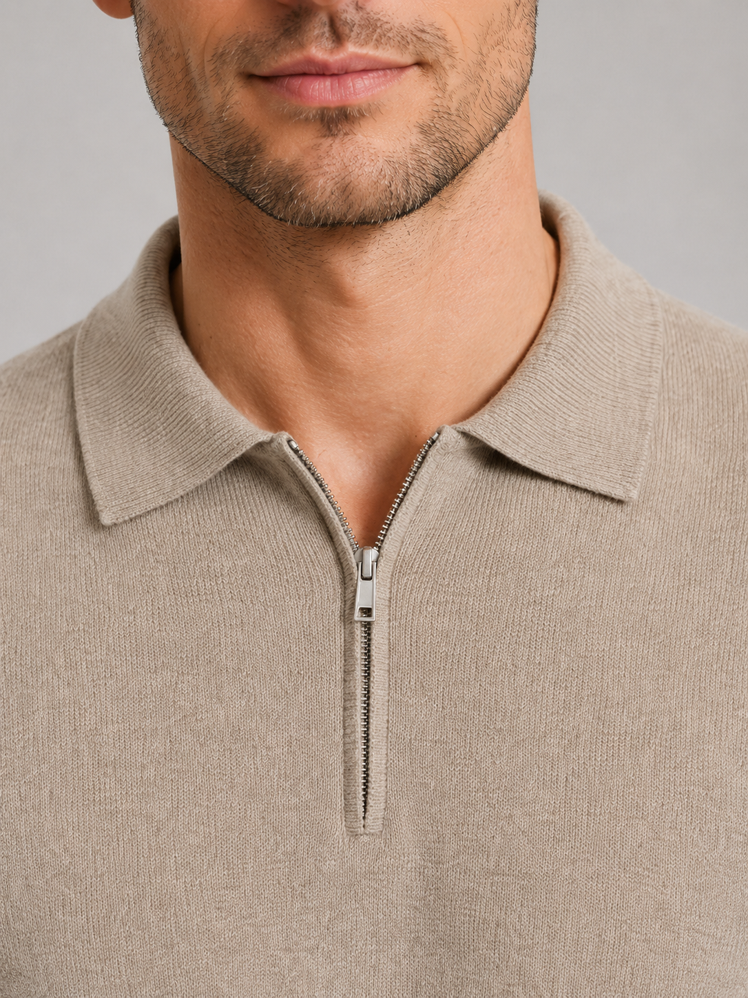 Pull Polo Homme Zippé Maille Fine Manches Longues