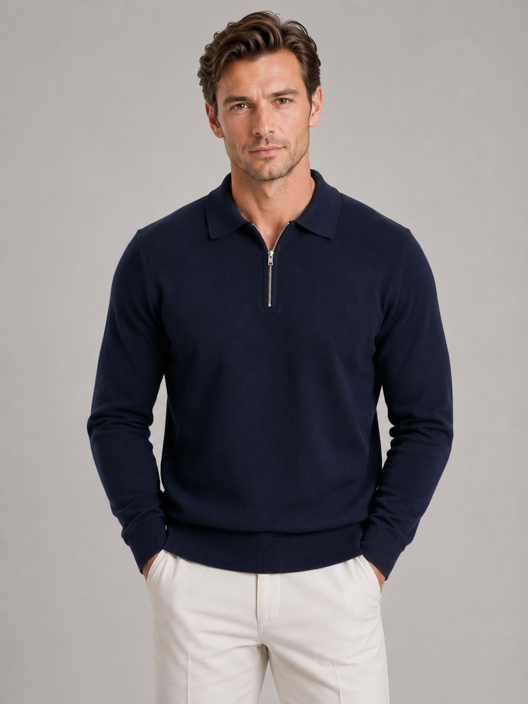 Pull Polo Homme Zippé Maille Fine Manches Longues