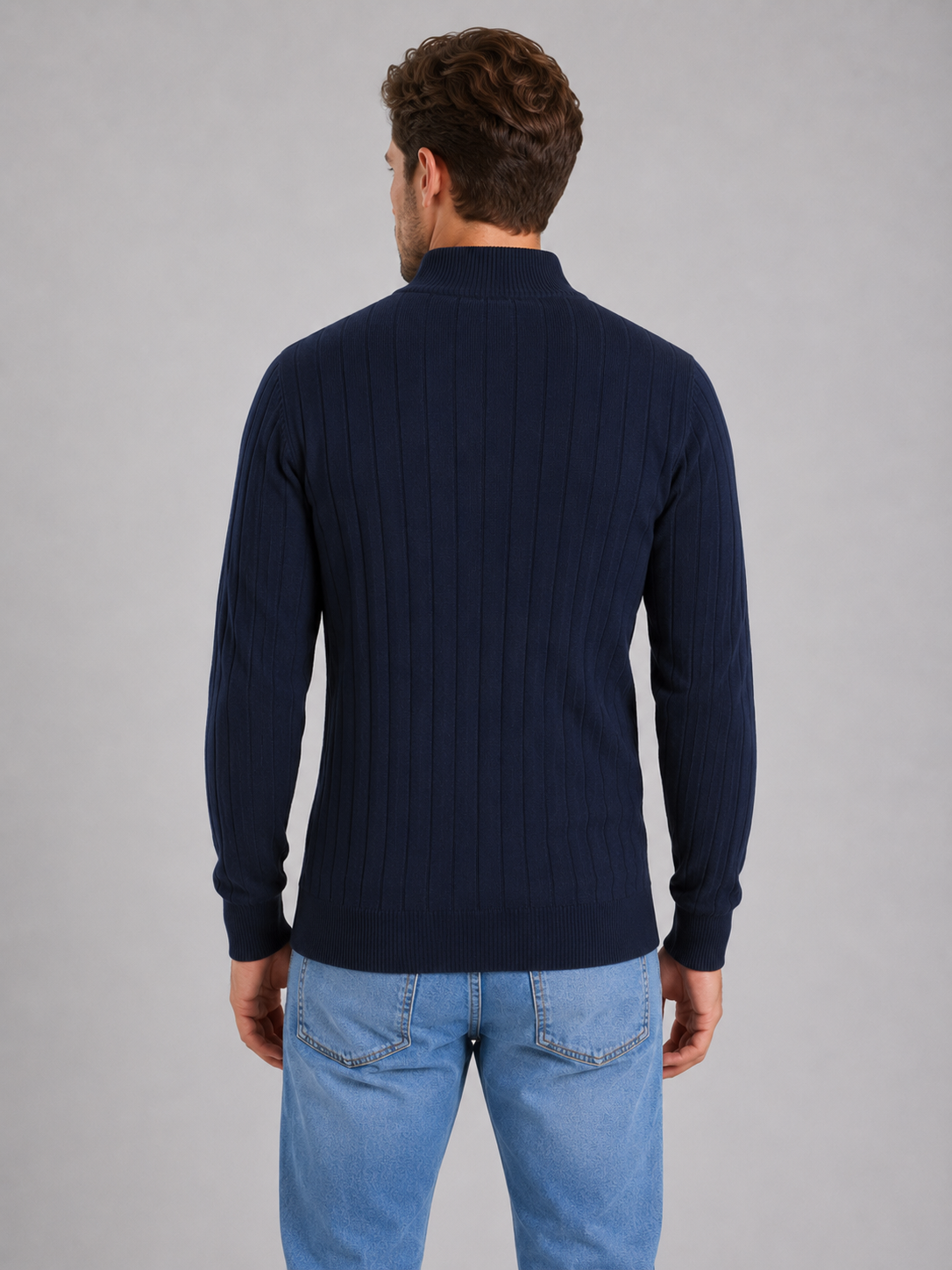 Pull Homme Zippé Côtelé en Coton – Col Montant