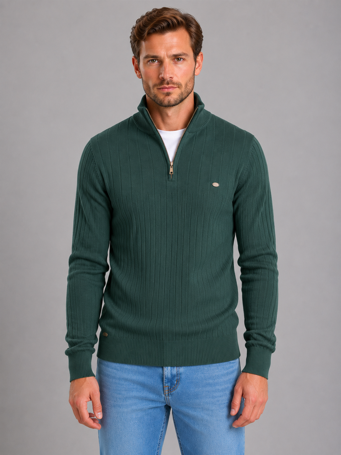 Pull Homme Zippé Côtelé en Coton – Col Montant