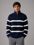 Pull Homme Oversize Rayé Demi-Zip Côtelé