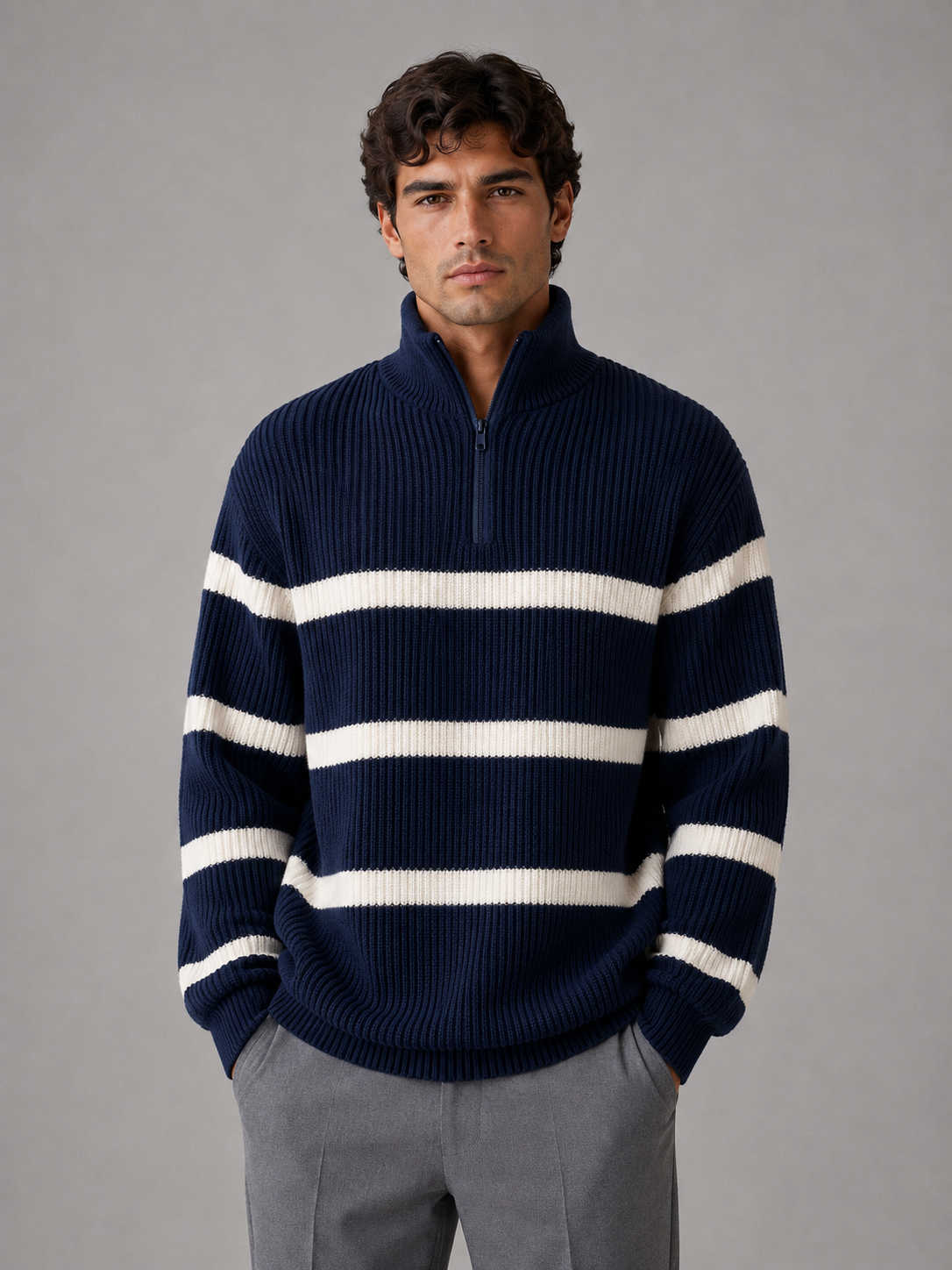 Pull Homme Oversize Rayé Demi-Zip Côtelé