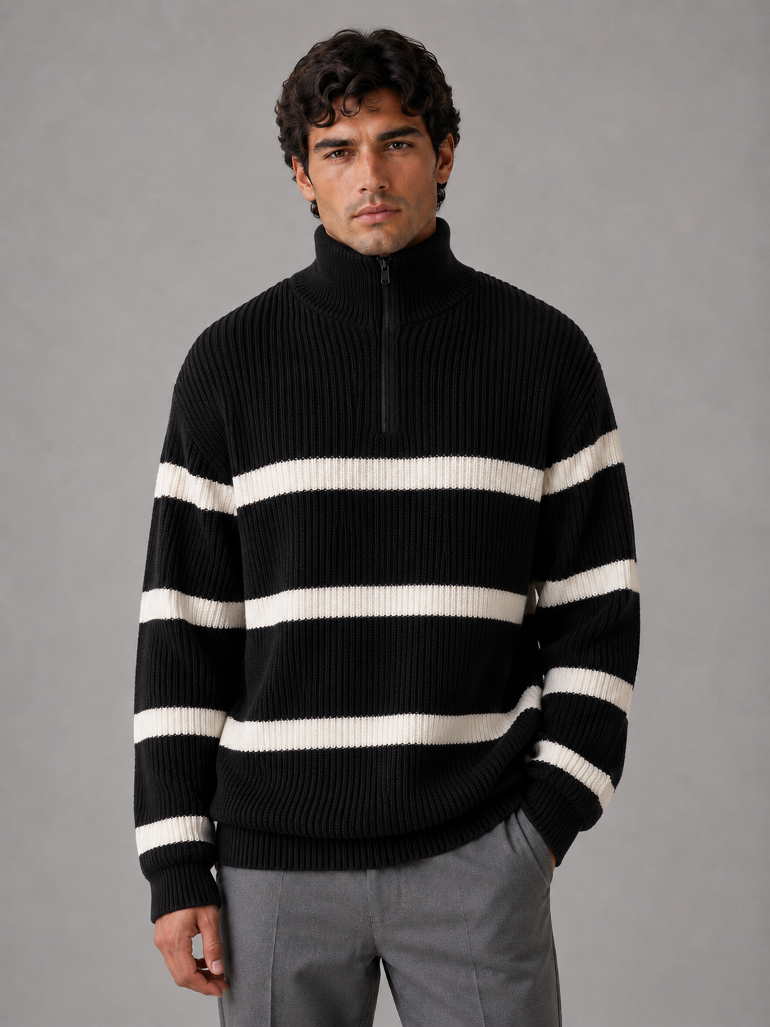 Pull Homme Oversize Rayé Demi-Zip Côtelé