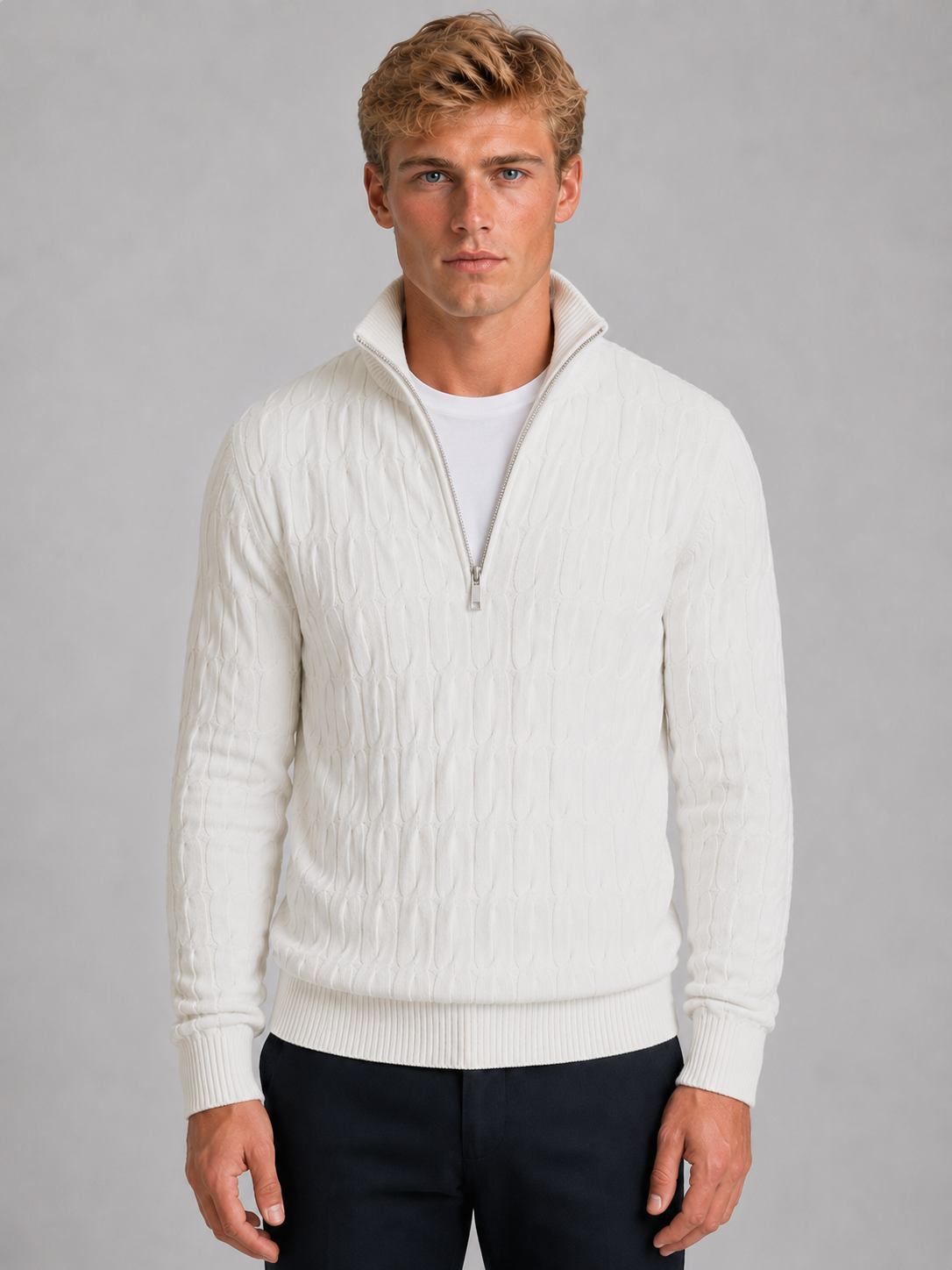 Pull Homme Col Montant Zippé – Maille Texturée Chaude