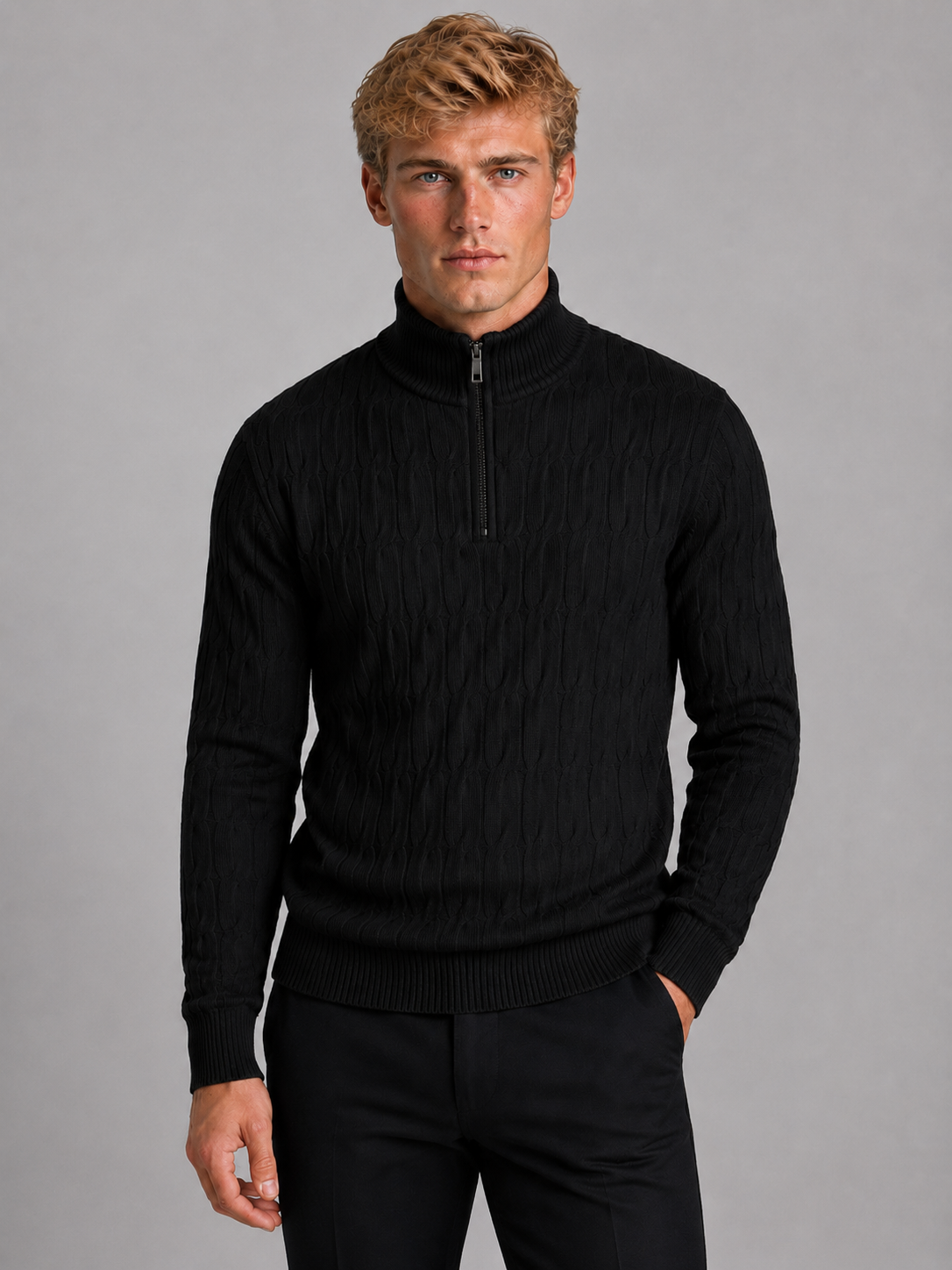 Pull Homme Col Montant Zippé – Maille Texturée Chaude