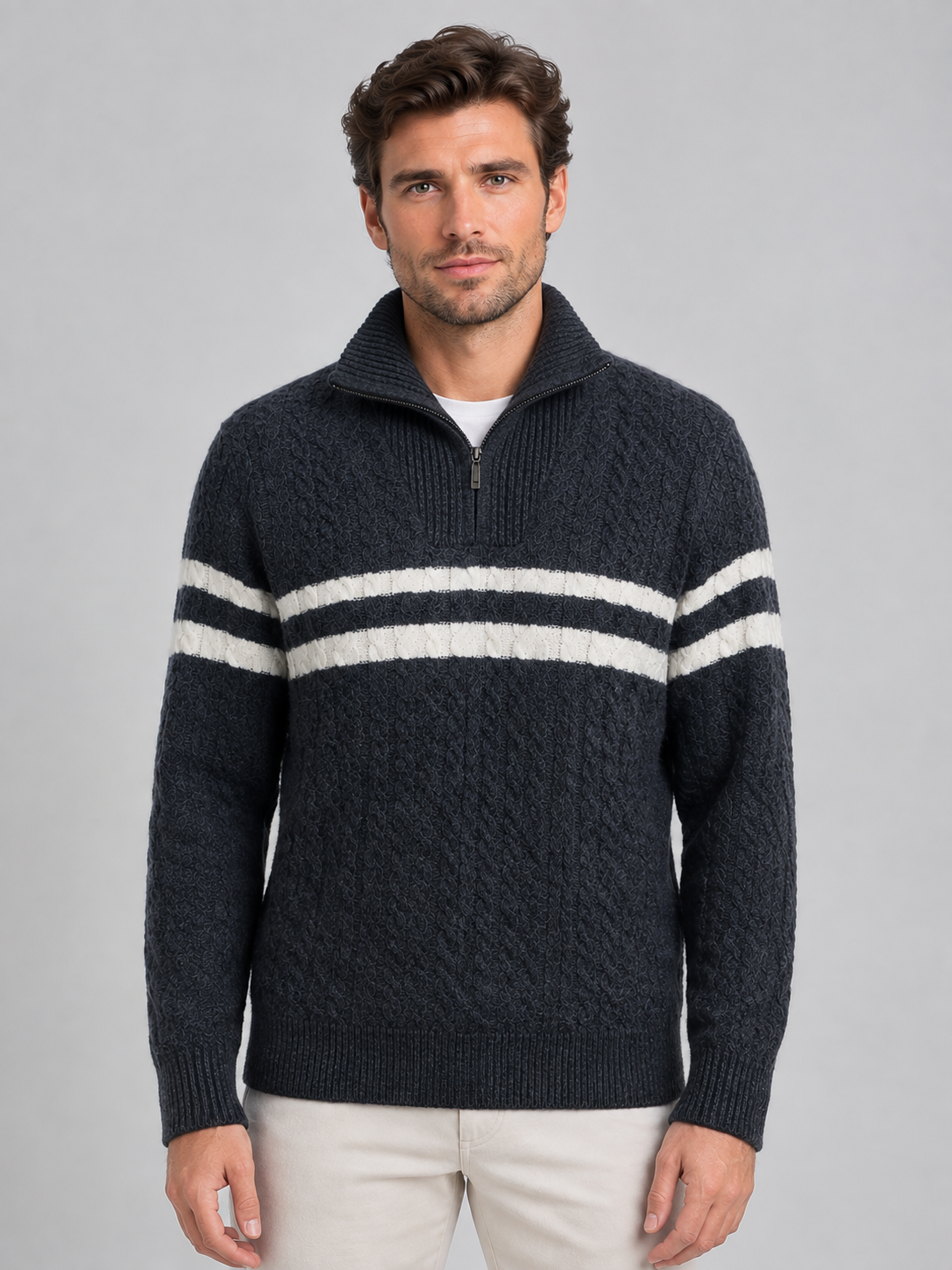 Pull Homme en Laine Torsadé Demi-Zip Rayé