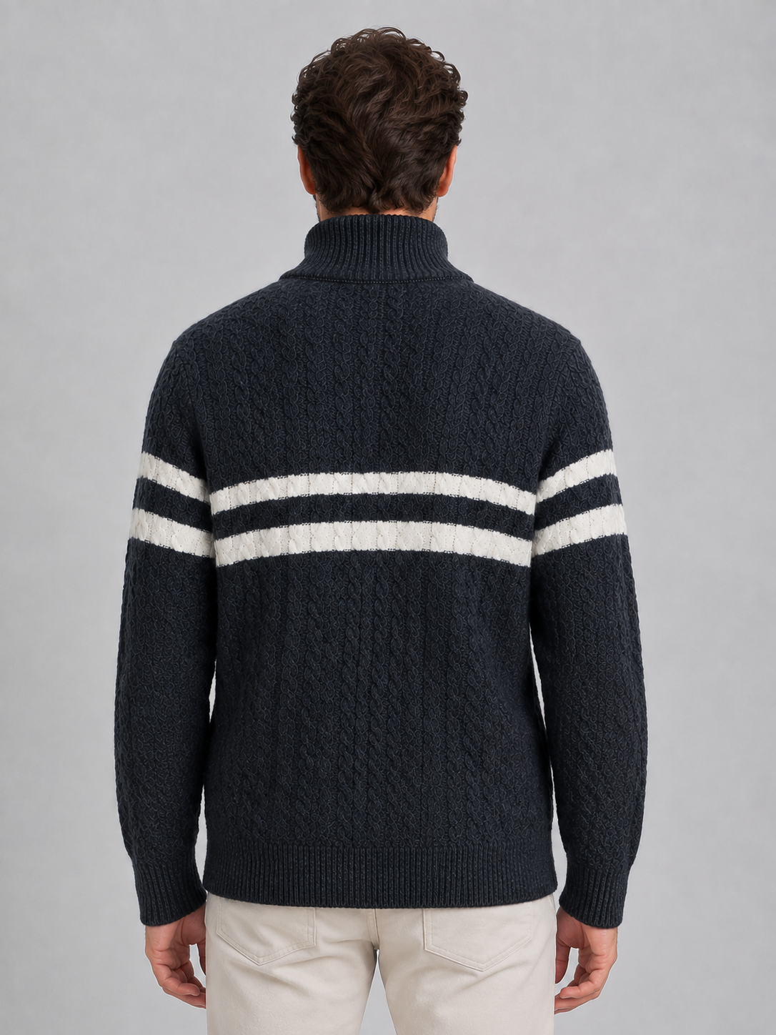 Pull Homme en Laine Torsadé Demi-Zip Rayé