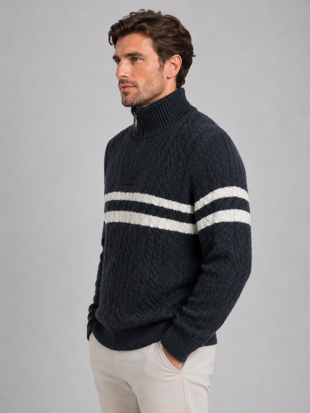 Pull Homme en Laine Torsadé Demi-Zip Rayé