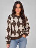 Pull Femme Motif Losange Col Rond Manches Longues