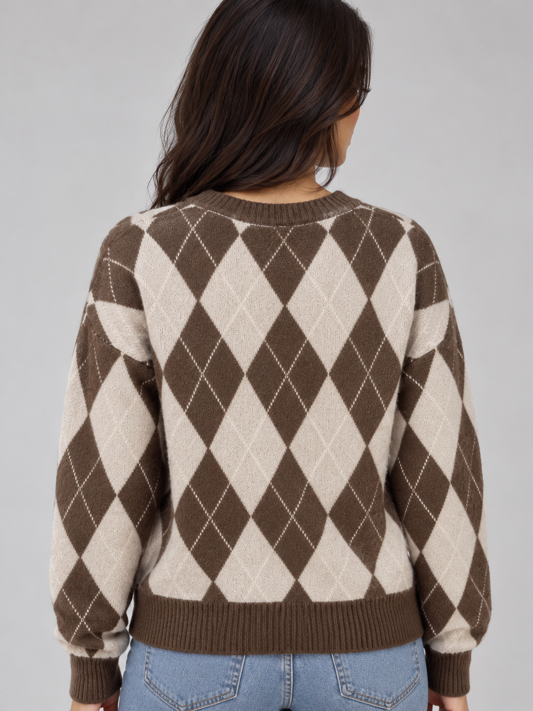 Pull Femme Motif Losange Col Rond Manches Longues