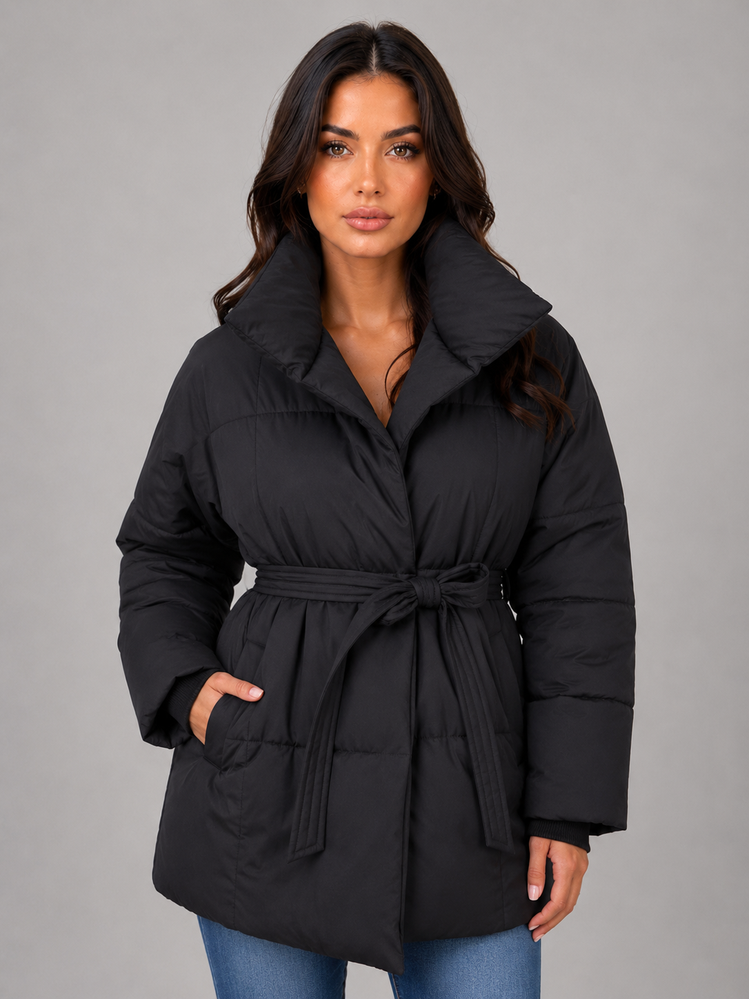 Doudoune Femme avec Ceinture Col Montant Matelassée