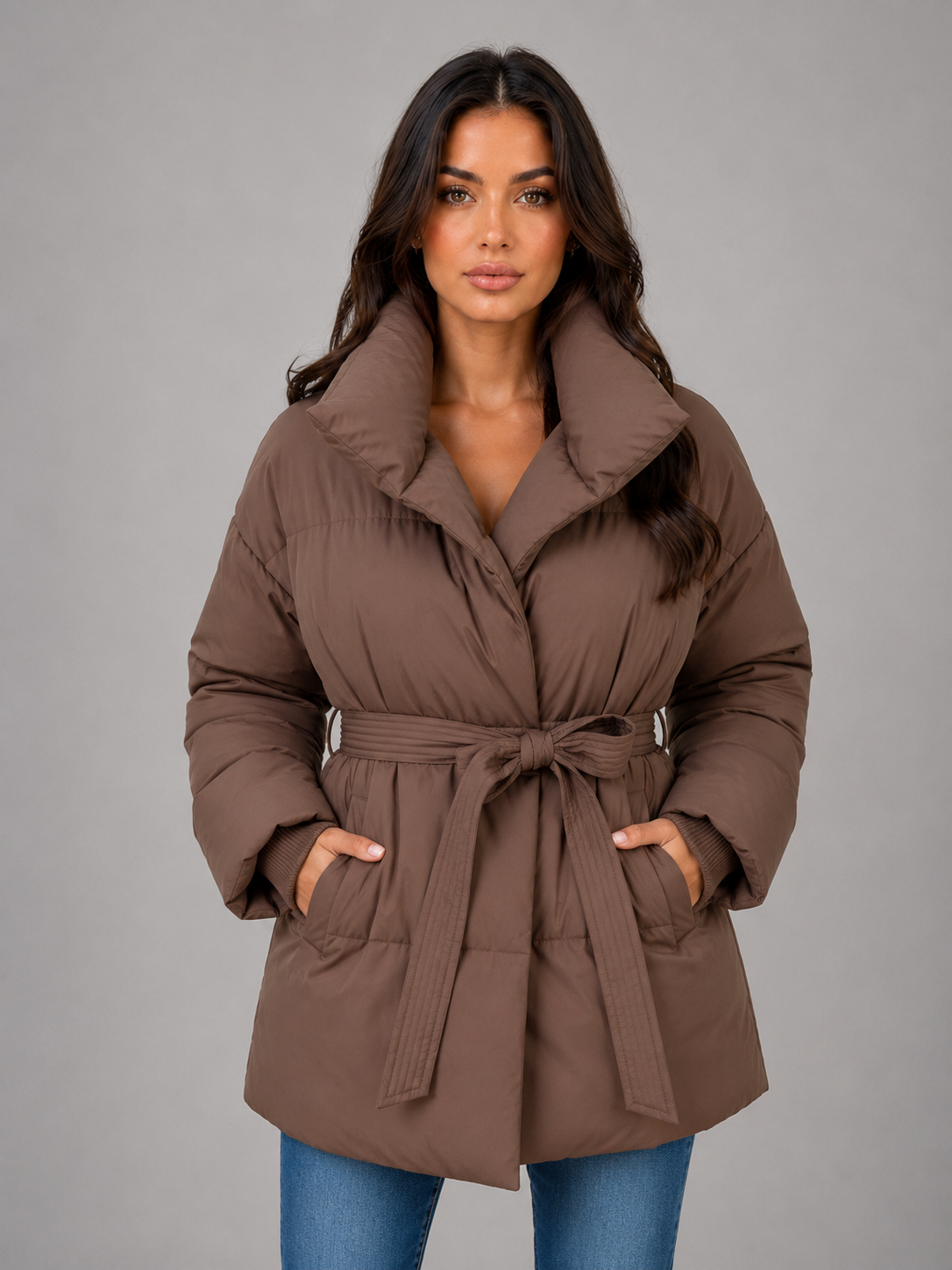 Doudoune Femme avec Ceinture Col Montant Matelassée