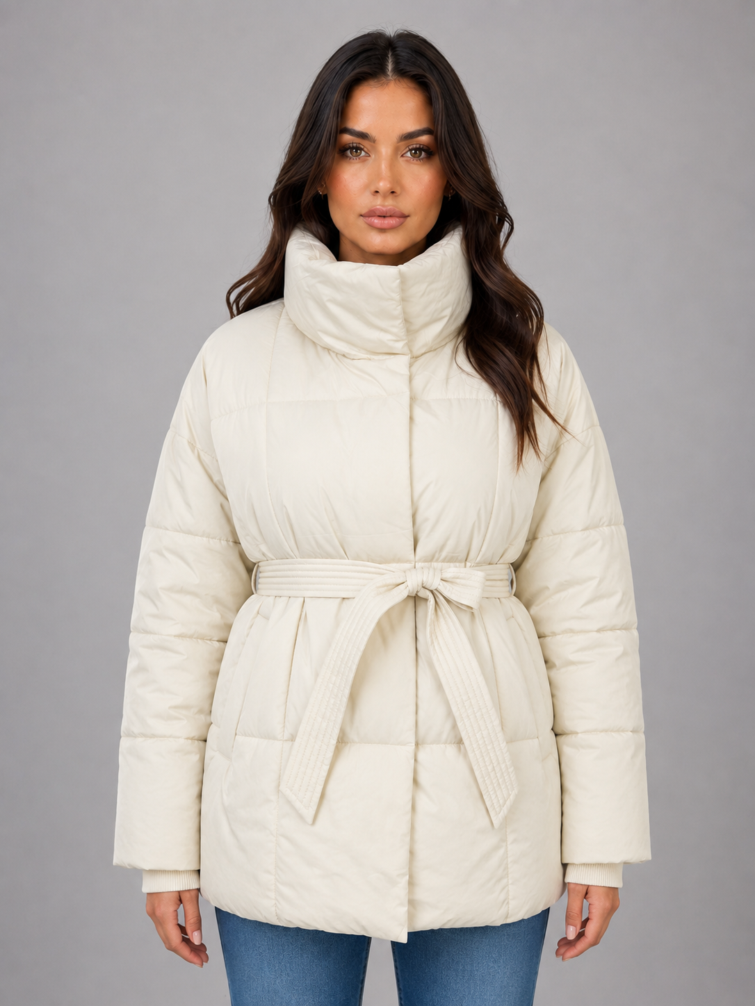 Doudoune Femme avec Ceinture Col Montant Matelassée
