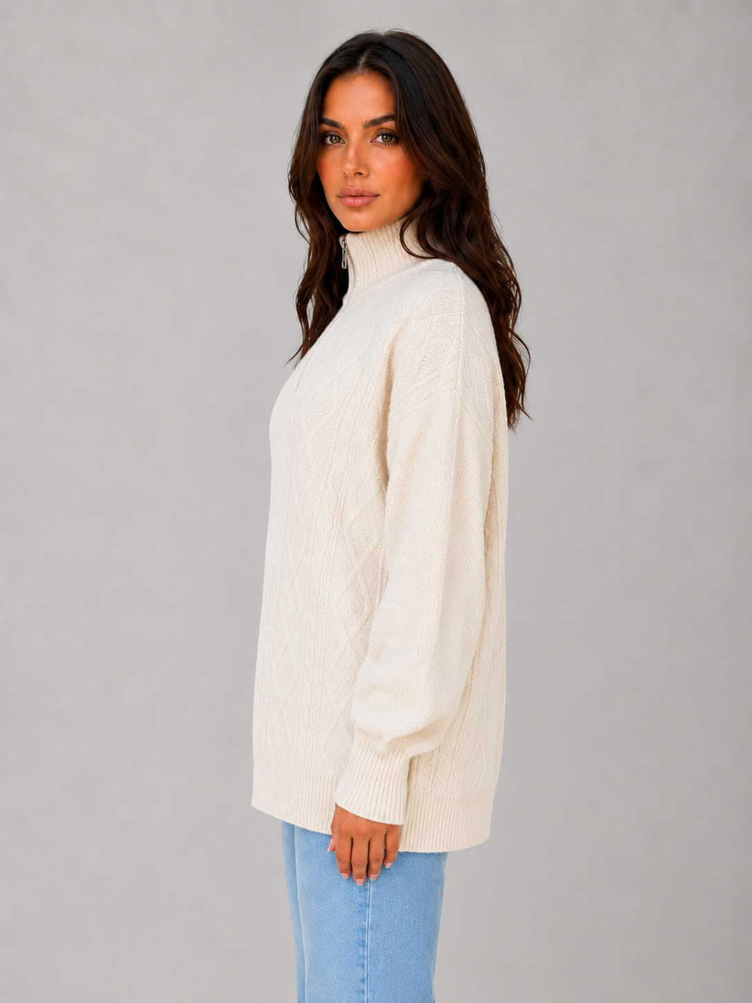 Pull Femme Torsadé Demi-Zip Épais d'Hiver