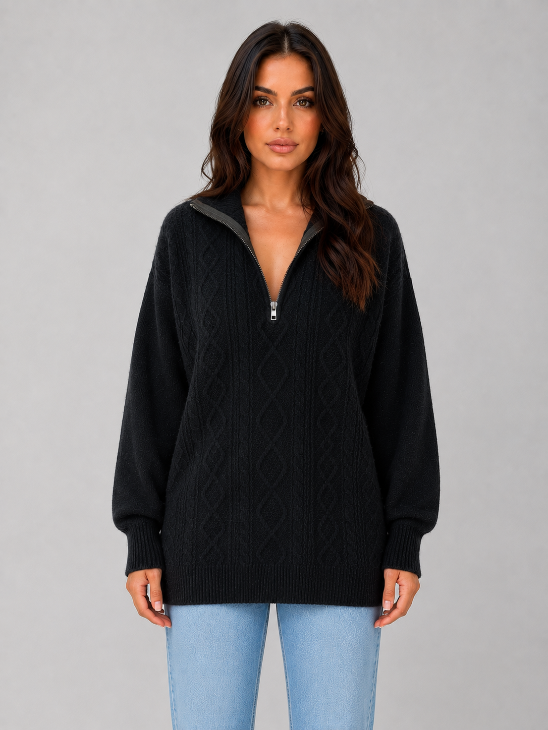 Pull Femme Torsadé Demi-Zip Épais d'Hiver