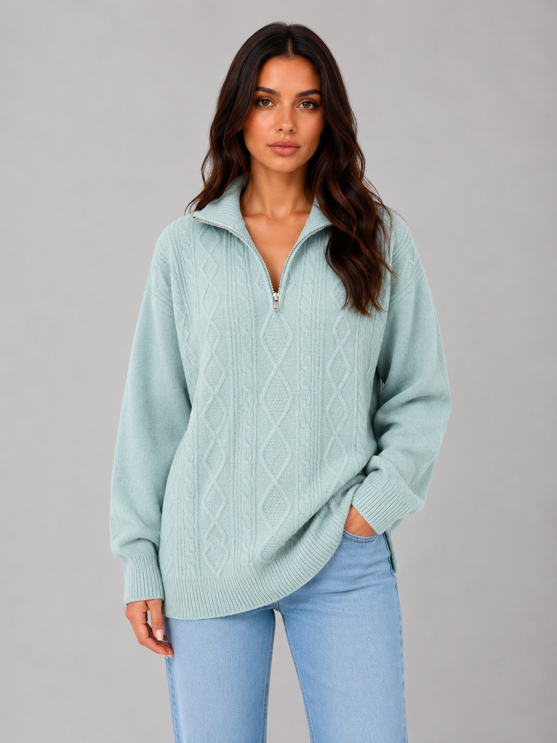 Pull Femme Torsadé Demi-Zip Épais d'Hiver