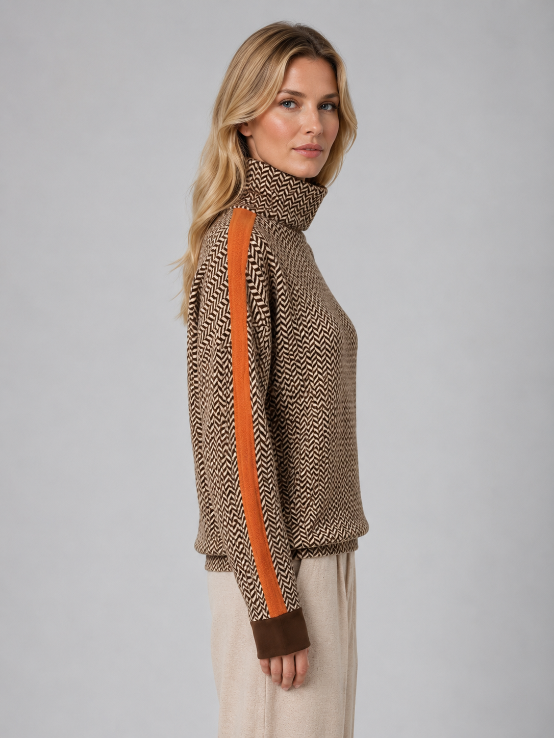 Pull Femme Col Roulé Motif Chevron Maille Douce