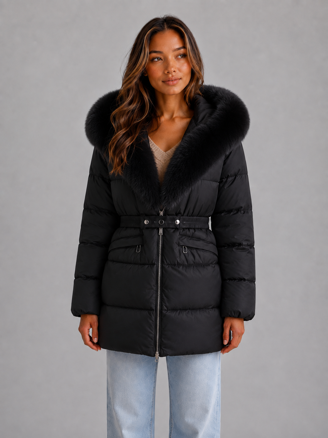 Doudoune Femme à Capuche Fausse Fourrure et Ceinture