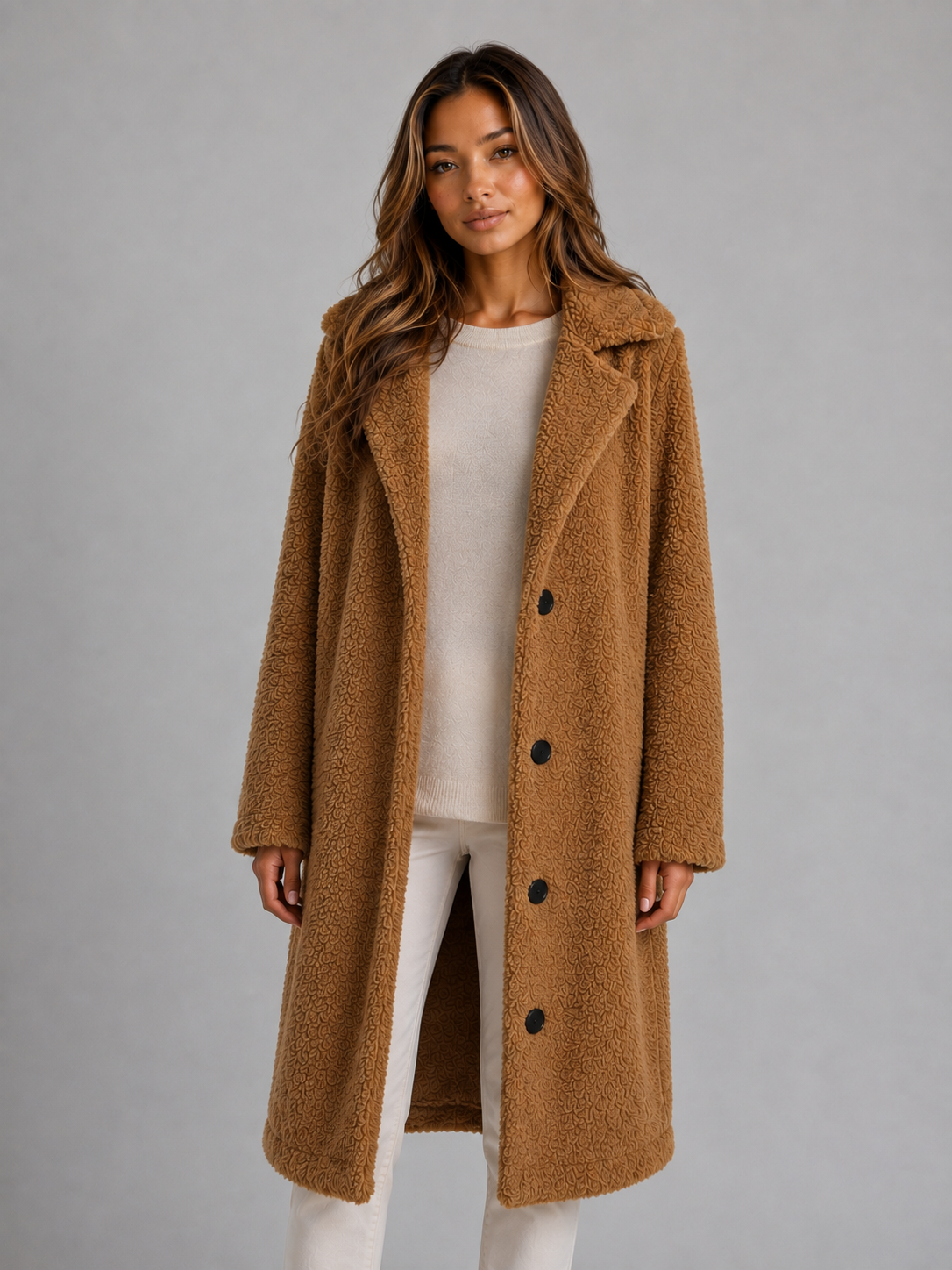 Manteau Femme Long en Peluche Teddy Boutonné