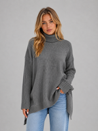 Pull Femme Long Col Roulé Oversize Maille Douce