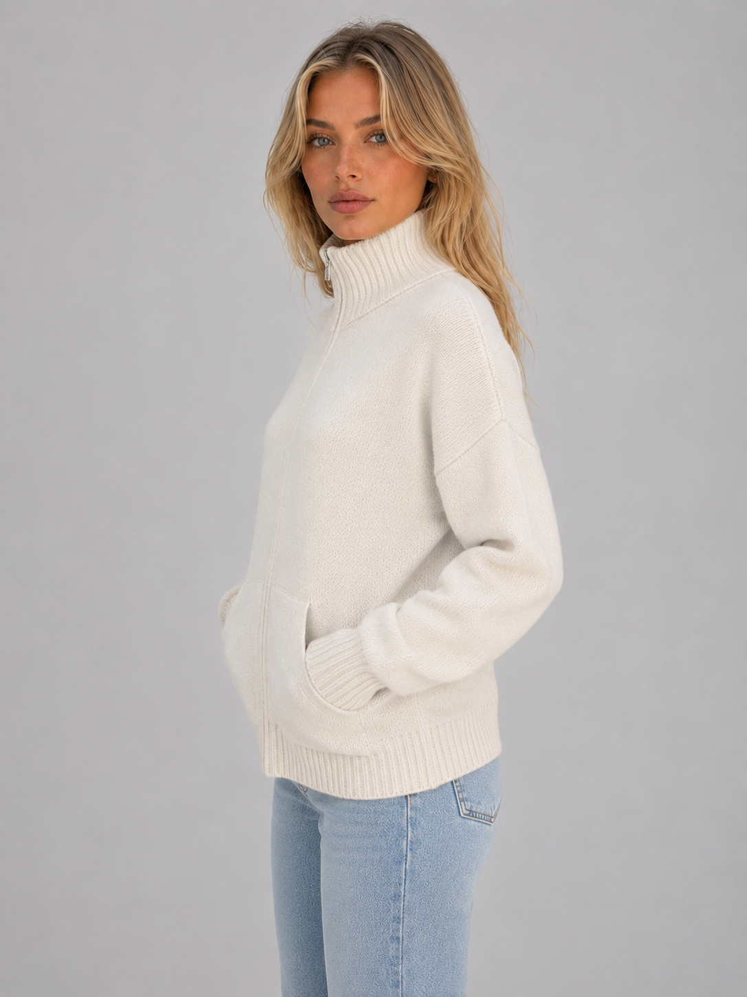 Cardigan Femme Zippé en Maille Douce Col Montant