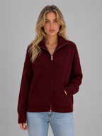 Cardigan Femme Zippé en Maille Douce Col Montant