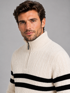 Pull Homme en Laine Torsadé Demi-Zip Rayé